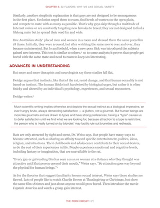 The Porn Circuit | 21
CHapter 4: 32 flavors: Why we like sexual variety
Similarly, another simplistic explanation is that guys are not designed to be monogamous
in the first place. Evolution urged them to roam, find herds of women on the open plain,
and compete to mate with as many as possible. That’s why guys skip through a multitude of
Internet mates or are constantly targeting new females to breed; they are not designed to find a
lifelong mate but to spread their seed far and wide.
One Australian study1
placed men and women in a room and showed them the same porn film
18 times. Initially, they were aroused, but after watching the same movie over and over, they
became uninterested. But lo and behold, when a new porn flick was introduced the subjects
gained new interest. This test is similar to others,2
so to some analysts it proves that people get
bored with the same mate and need to roam to keep sex interesting.
Advances in understanding
But more and more therapists and neurologists say these studies fall flat.
Doidge argues that instincts, like that of the rat, resist change, and that human sexuality is not
based on instinct. The human libido isn’t hardwired by biological urges, but rather it is often
finicky and altered by an individual’s psychology, experiences, and sexual encounters.
Doidge writes:3
Much scientific writing implies otherwise and depicts the sexual instinct as a biological imperative, an
ever hungry brute, always demanding satisfaction — a glutton, not a gourmet. But human beings are
more like gourmets and are drawn to types and have strong preferences; having a “type” causes us
to defer satisfaction until we find what we are looking for, because attraction to a type is restrictive;
the person who is ‘really turned on by blondes’ may tacitly rule out brunettes and redheads.
Rats are only attracted by sight and scent, Dr. Weiss says. But people have many ways to
become attracted, such as sharing an affinity toward specific entertainment, politics, ideas,
religion, and situations. Their childhoods and adolescence contribute to their sexual desires,
as do the rest of their experiences in life. People experience emotional and cognitive levels,
including fantasy or imagination, that are unavailable to the rat.
“Every guy or gal reading this has seen a man or woman at a distance who they thought was
attractive until that person opened their mouth,” Weiss says. “So attraction goes way beyond
the physical for human beings.”4
As for the theories that suggest familiarity lessens sexual interest, Weiss says those studies are
flawed. Lots of people like to watch Charlie Brown at Thanksgiving or Christmas, but show
the same film 18 times and just about anyone would grow bored. Then introduce the movie
Captain America and watch a group gain interest.
 