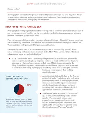 The Porn Circuit | 25
CHapter 5: ain’t nothing like the real thing, baby
Doidge writes:4
Pornographers promise healthy pleasure and relief from sexual tension, but what they often deliver
is an addiction, tolerance, and an eventual decrease in pleasure. Paradoxically, the male patients I
worked with often craved pornography but didn’t like it.
How porn hurts marital sex
Pornographers want people to believe that viewing porn is harmless entertainment and that it
can even spice up one’s love life, but the opposite is true. Rather than encouraging intimacy,
research shows that porn steals it away.
Porn encourages selfishness rather than an exchange of intimacy. Especially among men, who
are more visually stimulated than women, porn teaches that women are objects for their lust.
Women are just body parts, used for personal gratification.
Pornography trains men to be consumers,5
to treat sex as a commodity, to think about
sex as something on-tap and made-to-order. As Dr. Mary Anne Layden writes, “It is toxic
miseducation about sex and relationships.”6
–– In Dr. Gary Brooks’ book, The Centerfold Syndrome, he explains that because the
women in porn are only glossy magazine pictures or pixels on the screen, they have
no sexual or relational expectations of their own. This trains men to desire the
cheap thrill of fantasy over a committed relationship that requires them to connect
to another human being. Pornography essentially trains men to be digital voyeurs:
looking at women rather than seeking
genuine intimacy.7
–– According to a study published in the Journal
of Applied Social Psychology, after only a few
prolonged exposures to pornographic videos,
men and women alike reported less sexual
satisfaction with their intimate partners,
including their partners’ affection, physical
appearance, and sexual performance.8
–– Another study that appeared in the Journal
of Sex and Marital Therapy found similar
results. When men and women were
exposed to pictures of female centerfold
models from Playboy and Penthouse, this
significantly lowered their judgments about
the attractiveness of “average” people.9
Porn Decreases
sexual satisfaction10
58%
58% of men say they view porn once a
week or more, and the more frequently
men view it, the more they are likely to
say they are less satisfied with sex and
relationships.
 