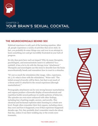 The Porn Circuit | 9
XXX
Chapter 2:
Your Brain’s Sexual Cocktail
The Neurochemicals Behind Sex
Habitual experience is only part of the learning equation. After
all, people experience a variety of activities that never stick. In
fact, you probably do some things over and over in an attempt to
learn something new and get incredibly frustrated at your lack of
progress.
So why does porn have such an impact? Why do many therapists,
psychologists, and neuroscientists insist it is addictive? In a
nutshell, it has a lot to do with the therapy term “attachment.”
Therapists and neurologists use this term to describe how the brain
neurochemically bonds and remembers how to react to a stimulus.
“It’s not so much the stimulation [the image, video, experience,
etc.], it’s what is done with the stimulation,” Weiss said. “The
initial arousal of novelty will be there, but that is not much of
a threat until it’s attached to the sexual experience [through
masturbation].”1
Pornography attachment can be very strong because masturbation
and orgasm produce a fireworks display of neurochemicals and
repetition builds neural pathways to enable patterns of behavior.
The episodes are even more enhanced with other feelings,
including fear of getting caught, secrecy, and novelty. This
chemical and hormonal explosion takes learning to a whole new
level. People often remember their first orgasm, including where
they were and how it happened, even if that experience happened
decades ago. Yet, they probably don’t remember much else about
that day, unless it was their wedding day or the events were
traumatic.
 