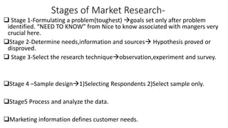 Stages of Market Research-
 Stage 1-Formulating a problem(toughest) goals set only after problem
identified. “NEED TO KN...