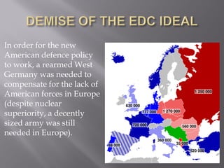 In order for the new
American defence policy
to work, a rearmed West
Germany was needed to
compensate for the lack of
American forces in Europe
(despite nuclear
superiority, a decently
sized army was still
needed in Europe).
 