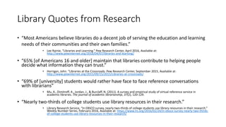 Library Quotes from Research
• “Most Americans believe libraries do a decent job of serving the education and learning
needs of their communities and their own families.”
• Lee Rainie, “Libraries and Learning.” Pew Research Center, April 2016, Available at:
http://www.pewinternet.org/2016/04/07/libraries-and-learning/
• “65% [of Americans 16 and older] maintain that libraries contribute to helping people
decide what information they can trust.”
• Horrigan, John. “Libraries at the Crossroads: Pew Research Center, September 2015, Available at:
http://www.pewinternet.org/2015/09/15/2015/Libraries-at-crossroads/
• “69% of [university] students would rather have face to face reference conversations
with librarians”
• Mu, X., Dimitroff, A., Jordan, J., & Burclaff, N. (2011). A survey and empirical study of virtual reference service in
academic libraries. The journal of academic librarianship, 37(2), 120-129.
• “Nearly two-thirds of college students use library resources in their research.”
• Library Research Service, “In EBSCO survey, nearly two-thirds of college students use library resources in their research.”
Weekly Number Series, February 2016, Available at: https://www.lrs.org/2016/02/24/in-ebsco-survey-nearly-two-thirds-
of-college-students-use-library-resources-in-their-research/
 