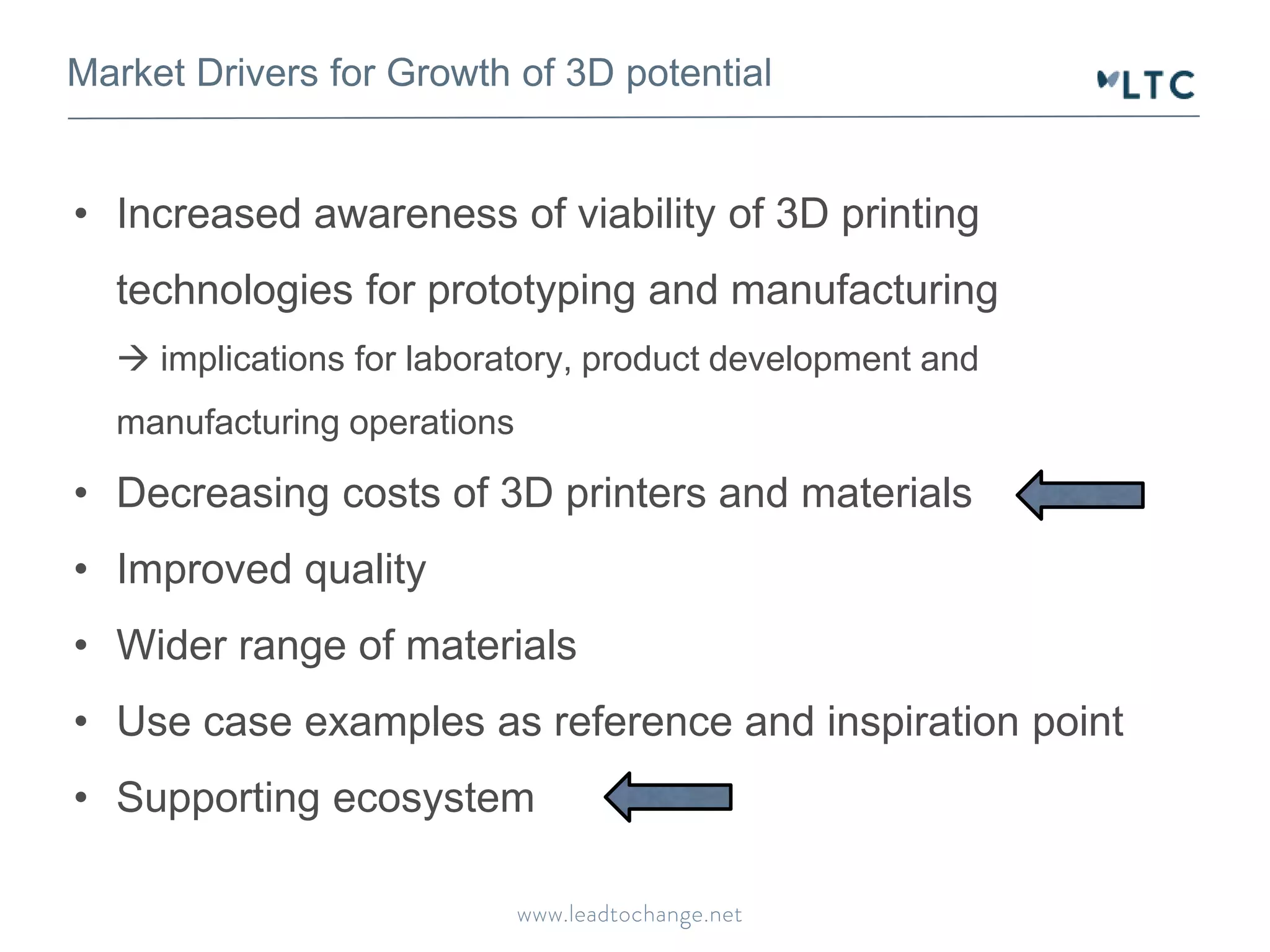 Market Drivers for Growth of 3D potential 
• Increased awareness of viability of 3D printing 
technologies for prototyping and manufacturing 
 implications for laboratory, product development and 
manufacturing operations 
• Decreasing costs of 3D printers and materials 
• Improved quality 
• Wider range of materials 
• Use case examples as reference and inspiration point 
• Supporting ecosystem 
 