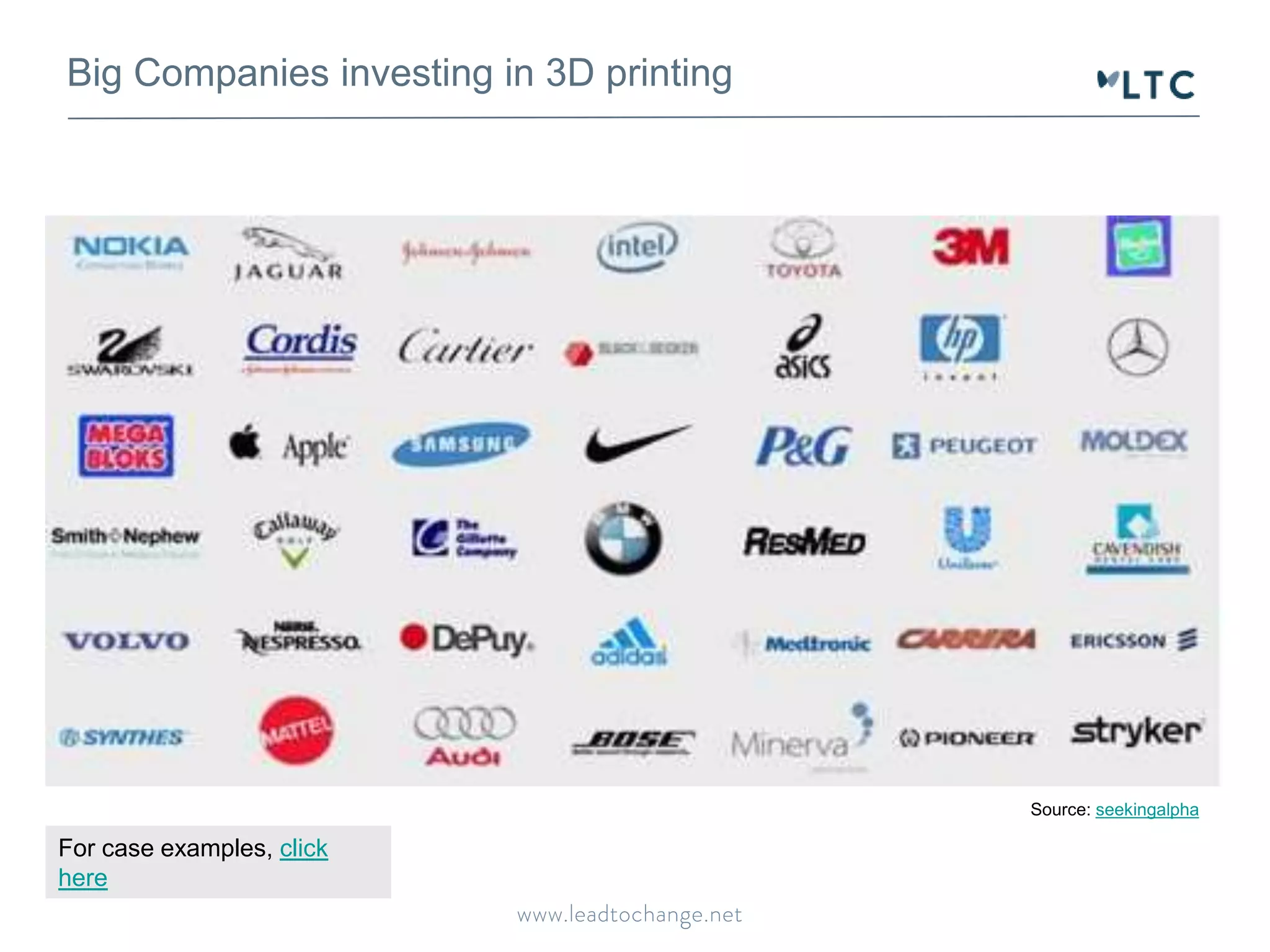 Big Companies investing in 3D printing 
Source: seekingalpha 
For case examples, click 
here 
 