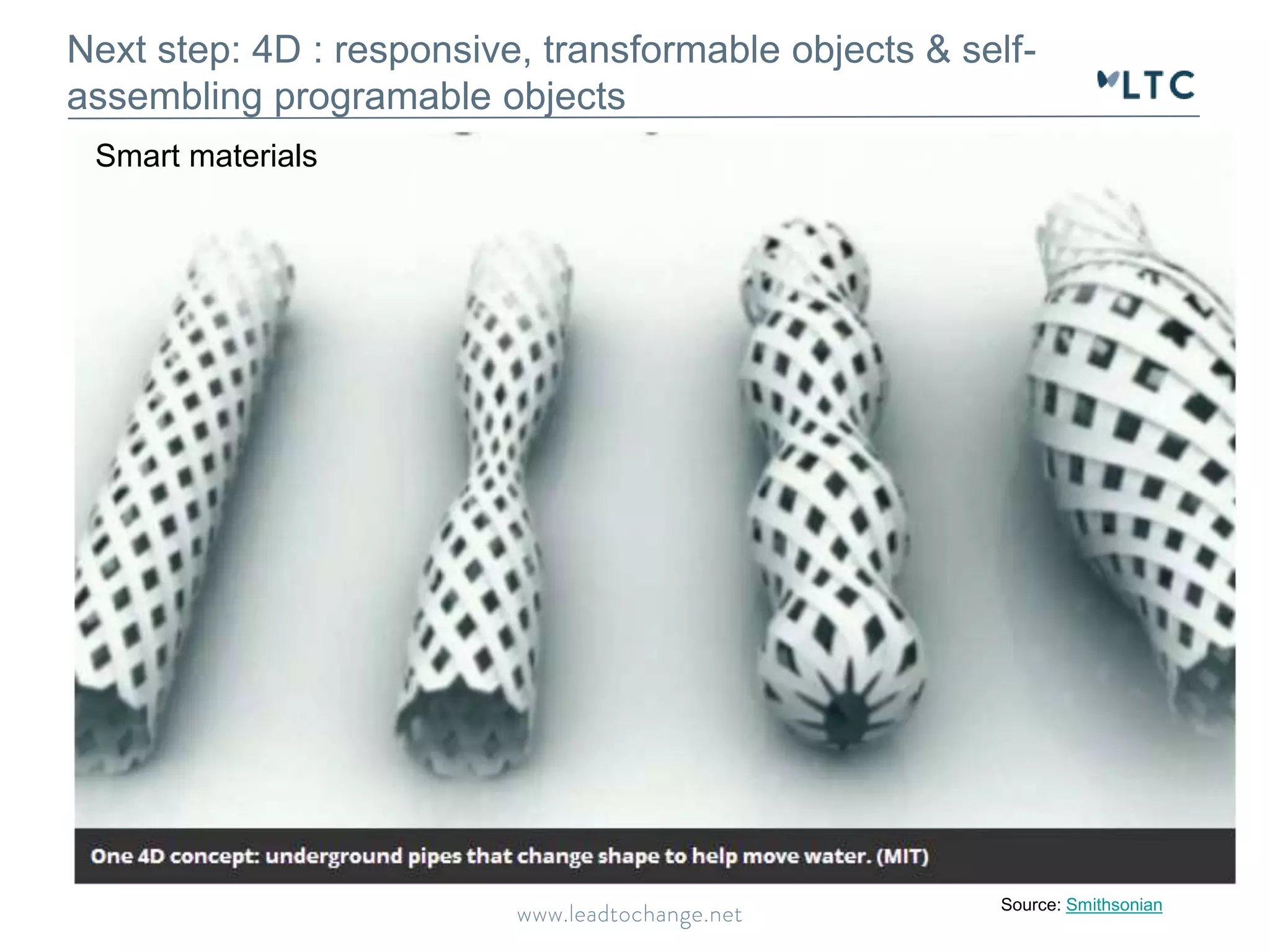 Next step: 4D : responsive, transformable objects & self-assembling 
programable objects 
Claudia 
Source: Smithsonian 
Smart materials 
 