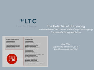 The Potential of 3D printing 
an overview of the current state of rapid prototyping 
the manufacturing revolution 
July 2014 
(updated September 2014) 
Lija Groenwoud van Vliet 
 