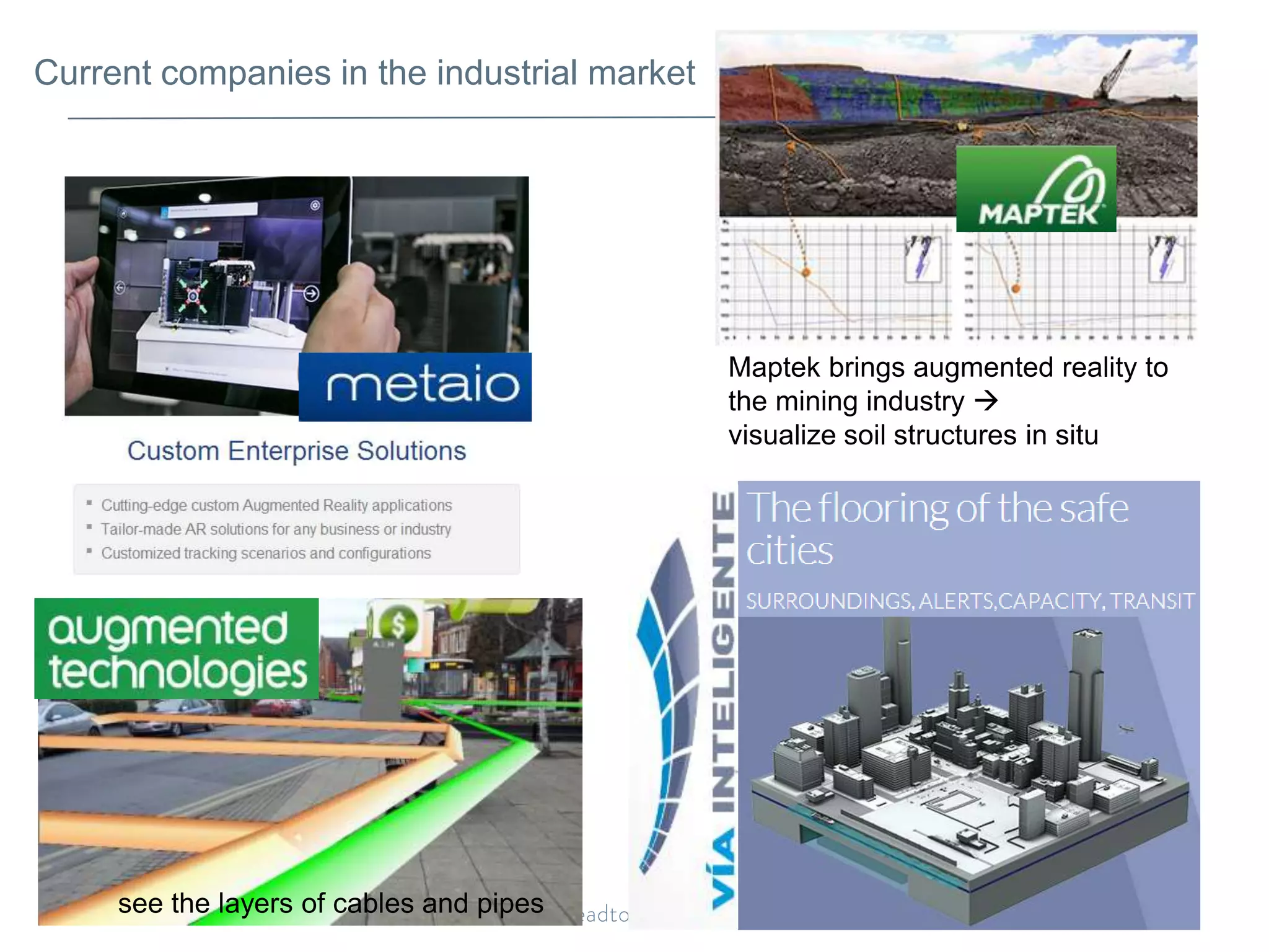 Current companies in the industrial market
Maptek brings augmented reality to
the mining industry 
visualize soil structures in situ
see the layers of cables and pipes
 
