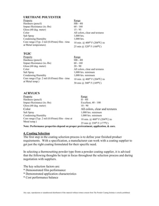 URETHANE POLYESTER
Property                                                              Range
Hardness (pencil)                                                     HB - 4H
Impact Resistance (in.-lbs)                                           60 - 160
Gloss (60 deg. meter)                                                 15 - 95
Color                                                                 All colors, clear and textures
Salt Spray                                                            1,000 hrs.
Condensing Humidity                                                   1,000 hrs.
Cure range (Typ. 2 mil (0.05mm) film - time                           10 min. @ 400o F (204oC) to
at Metal temperature)
                                                                      25 min @ 320o F (160oC)

TGIC
Property                                                              Range
Hardness (pencil)                                                     HB - 4H
Impact Resistance (in.-lbs)                                           60 - 160
Gloss (60 deg. meter)                                                 20 - 90
Color                                                                 All colors, clear and textures
Salt Spray                                                            1,000 hrs. minimum
Condensing Humidity                                                   1,000 hrs. minimum
Cure range (Typ. 2 mil (0.05mm) film - time                           10 min. @ 400o F (204oC) to
at Metal temp.)
                                                                      30 min @ 300o F (149oC)



ACRYLICS
Property                                                                        Range
Hardness (pencil)                                                               H - 4H
Impact Resistance (in.-lbs)                                                     Excellent, 40 - 100
Gloss (60 deg. meter)                                                           10 - 90
Color                                                                           All colors, clear and textures
Salt Spray                                       1,000 hrs. minimum
Condensing Humidity                              1,000 hrs. minimum
Cure range (Typ. 2 mil (0.05mm) film - time at   10 min. @ 400o F (204oC) to
Metal temp.)
                                                 25 min @ 350o F (177oC)
Note: Performance properties depend on proper pretreatment, application, & cure.

4. Coating Selection
The first step in the coating selection process is to define your finished product
requirements. With a specification, a manufacturer can work with a coating supplier to
get just the right coating formulated for their specific need.

In selecting a thermosetting powder type from a powder coating supplier, it is advised
that the following thoughts be kept in focus throughout the selection process and during
negotiation with suppliers.

The key selection factors are:
* Demonstrated film performance
* Demonstrated application characteristics
* Cost performance balance



Any copy, reproduction or unauthorized distribution of this material without written consent from The Powder Coating Institute is strictly prohibited.
 