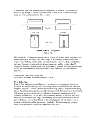 A batch oven cycle time will typically be around 15 to 20 minutes. The oven interior
should be big enough to handle 20 minutes worth of production. In some cases, two
ovens are necessary to maintain a flow of work.




                                                                       Plan View

                                      Ceiling Duct                                                       Floor Duct




                                                                        End View




                                                  Cure Oven Duct Arrangement
                                                          Figure 5-2

The interior size of an oven for a conveyorized system will depend on the largest part size
and the production line speed. The actual length of the conveyor will be the cure time
required plus the bring-up time of the substrate, times the line speed. If the metal of the
part takes 5 minutes to bring up to the design temperature and the powder takes 15
minutes of cure time, the oven cycle time will be twenty minutes. If the line is traveling at
10 feet per minute (3 meters/min.) the oven will need 200 linear feet (60 meters) of
conveyor.

bring-up time + cure time = cycle time
cycle time x line speed = length of conveyor in oven

Oven Balancing
Even air flow and temperature balance in a convection oven is important. If there are
areas that are not even in temperature the coating may not be uniformly cured and color
and gloss may vary. To make sure that the oven is evenly heated, a temperature recording
device should be run through the oven at least once a month. Using several probes to read
both air and part temperature from top to bottom, the operator can determine if any
problems are likely to occur and where the temperature variance in the oven is located.
They can also determine how long it takes to bring the metal to temperature so that the
cure cycle time is known. Adjustments to the discharge ductwork can then be used to
create even distribution of the oven energy supplied by the heat source and conveyor
speed can be adjusted to provide the proper time in the oven.




Any copy, reproduction or unauthorized distribution of this material without written consent from The Powder Coating Institute is strictly prohibited.
 