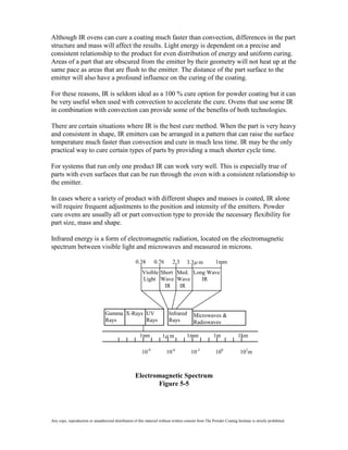 Although IR ovens can cure a coating much faster than convection, differences in the part
structure and mass will affect the results. Light energy is dependent on a precise and
consistent relationship to the product for even distribution of energy and uniform curing.
Areas of a part that are obscured from the emitter by their geometry will not heat up at the
same pace as areas that are flush to the emitter. The distance of the part surface to the
emitter will also have a profound influence on the curing of the coating.

For these reasons, IR is seldom ideal as a 100 % cure option for powder coating but it can
be very useful when used with convection to accelerate the cure. Ovens that use some IR
in combination with convection can provide some of the benefits of both technologies.

There are certain situations where IR is the best cure method. When the part is very heavy
and consistent in shape, IR emitters can be arranged in a pattern that can raise the surface
temperature much faster than convection and cure in much less time. IR may be the only
practical way to cure certain types of parts by providing a much shorter cycle time.

For systems that run only one product IR can work very well. This is especially true of
parts with even surfaces that can be run through the oven with a consistent relationship to
the emitter.

In cases where a variety of product with different shapes and masses is coated, IR alone
will require frequent adjustments to the position and intensity of the emitters. Powder
cure ovens are usually all or part convection type to provide the necessary flexibility for
part size, mass and shape.

Infrared energy is a form of electromagnetic radiation, located on the electromagnetic
spectrum between visible light and microwaves and measured in microns.

                                                      0.38        0.76       2.3       3.3 m             1mm
                                                          Visible Short Med. Long Wave
                                                          Light Wave Wave       IR
                                                                   IR    IR



                                  Gamma X-Rays UV                          Infrared        Microwaves &
                                  Rays         Rays                        Rays            Radiowaves

                                                        1nm            1 m             1mm              1m             1km

                                                          10-9           10-6            10-3            100             103m



                                                     Electromagnetic Spectrum
                                                            Figure 5-5




Any copy, reproduction or unauthorized distribution of this material without written consent from The Powder Coating Institute is strictly prohibited.
 