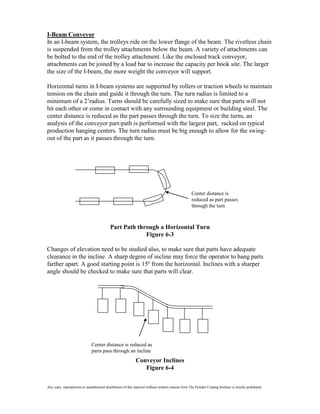 I-Beam Conveyor
In an I-beam system, the trolleys ride on the lower flange of the beam. The rivetless chain
is suspended from the trolley attachments below the beam. A variety of attachments can
be bolted to the end of the trolley attachment. Like the enclosed track conveyor,
attachments can be joined by a load bar to increase the capacity per hook site. The larger
the size of the I-beam, the more weight the conveyor will support.

Horizontal turns in I-beam systems are supported by rollers or traction wheels to maintain
tension on the chain and guide it through the turn. The turn radius is limited to a
minimum of a 2’radius. Turns should be carefully sized to make sure that parts will not
hit each other or come in contact with any surrounding equipment or building steel. The
center distance is reduced as the part passes through the turn. To size the turns, an
analysis of the conveyor part-path is performed with the largest part, racked on typical
production hanging centers. The turn radius must be big enough to allow for the swing-
out of the part as it passes through the turn.




                                                                                                    Center distance is
                                                                                                    reduced as part passes
                                                                                                    through the turn



                                            Part Path through a Horizontal Turn
                                                         Figure 6-3

Changes of elevation need to be studied also, to make sure that parts have adequate
clearance in the incline. A sharp degree of incline may force the operator to hang parts
farther apart. A good starting point is 15º from the horizontal. Inclines with a sharper
angle should be checked to make sure that parts will clear.




                               Center distance is reduced as
                               parts pass through an incline
                                                             Conveyor Inclines
                                                                Figure 6-4

Any copy, reproduction or unauthorized distribution of this material without written consent from The Powder Coating Institute is strictly prohibited.
 