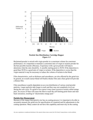 14

                          12

                          10

                           8
     Differential
     Volume, %             6

                           4

                           2

                           0
                                            210        125      75         45         25           15         10         5         3 2 1
                                                                                     Microns

                                                                   Virgin                       Reclaim

                                     Particle Size Distribution, Cartridge Hopper
                                                       Figure 1-3

Reclaimed powder is mixed with virgin powder in a consistent volume for consistent
performance. It is important to maintain a consistent ratio of virgin to reclaim powder for
the best possible transfer efficiency. Experience with a given powder will help to
determine what the ratio should be. A sensible starting point is 50/50. If the deposition is
good than 50/50 is a good ratio of virgin to reclaim. If the deposition is worse than the
virgin material it may be necessary to reduce the volume of reclaim in the blend.

Film characteristics, such as thickness and smoothness, are also affected by the grind size.
In general, an overall coarser blend will build a thicker film and a finer grind will provide
a thinner film.

Film smoothness is partly dependent on an even distribution of various sized powder
particles. Larger particles take longer to melt and they may not completely level out
during the cure cycle. If a grind is too coarse it may cause excessive texture called orange
peel. An excess of fines will cause the film to reach the self limiting point faster and start
back ionization, resulting in “electrostatic orange peel.”

Particle Size Measurement
Because of the impact that particle size has on coating process it is important to be able to
accurately measure the grind size for specification of a material and for adjustments to the
coating operation. Many coaters do not have this capability and must rely on the coating



Any copy, reproduction or unauthorized distribution of this material without written consent from The Powder Coating Institute is strictly prohibited.
 