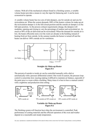 volume. With all of the mechanical exhaust found in a finishing system, a variable
volume heater provides a means to vary the input for balancing and it can be more
economical to operate.

A variable volume heater has two sets of inlet dampers, one for outside air and one for
recirculation air. When the system demands 100% of the heaters volume for make-up air
the recirculation damper is in the full-closed position and the outside air damper is in the
full open position. As the process exhaust requirements change, the dampers will
modulate, opening and closing to vary the percentage of outdoor and recirculated air. As
much as 90% of the air delivered can be recirculated. When the demand for outside air is
low, the heater efficiently turns over the warm air already in the building instead of
heating fresh air from outside. In the summer months the burner is turned off and the
heater can deliver 100% outside air for ventilation.




        Fan                                                      Burner                                                   Air Inlet



Air Outlet

                                                                              Filters

                                                   Straight-Air Make-up Heater
                                                            Figure 8-1

The percent of outside to inside air can be controlled manually with a dial or
automatically with a pressure differential control. One word of caution, the pressure loop
control is somewhat slow reacting making it difficult to maintain air balance, especially if
the paint area is a room within a building. Many times it is best to have a manual control
with a nighttime and production-time setting.




       100% ouside air                          70% outside air/30% inside air                    20% ouside air/805 inside air

                                                  Variable-Air Make-up Heater
                                                           Figure 8-2

The finishing system will function best when the environment is controlled. Peak
performance of coating materials and the efficient operation of the oven and washer
depend on a reasonable and steady temperature.

Any copy, reproduction or unauthorized distribution of this material without written consent from The Powder Coating Institute is strictly prohibited.
 