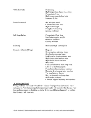 Whitish Streaks                                                               Poor rinsing
                                                                              High temperature of post phos. rinse
                                                                              Contaminated rinse
                                                                              High temperature of phos. bath
                                                                              Interstage drying

Loss of Adhesion                                                              Hot post phos. rinse
                                                                              Contaminated final rinse
                                                                              High final rinse pH
                                                                              Poor phosphate coating
                                                                              (coating problems)

Salt Spray Failure                                                            Contaminated final rinse
                                                                              Insufficient coating weight
                                                                              (substrate problem)
                                                                              (coating problem)

Foaming                                                                       Build up of high foaming soil

Excessive Chemical Usage                                                      Drag out
                                                                              Overspray into adjoining stages
                                                                              Overflowing chemical stage
                                                                              Leak in valve, heat exchanger, tank
                                                                              High temperature in phos. stage
                                                                              High chemical concentration
                                                                              Hard water
                                                                              Cross contamination from carry over
                                                                              Little or no buffering agents
                                                                              Poor chemical maintenance practices
                                                                              Dumping & recharging tanks too often
                                                                              Too long between dumps
                                                                              Dirty or damaged sensing probes
                                                                              Drain zones too short
                                                                              Chemical supplier watering down product

10. Curing Problems
Curing problems are usually related to the amount of temperature and time the part is
subjected to. Periodic running of a temperature recorder will indicate what the real cycle
time and temperature is. DataPaq or similar device should be run frequently to confirm
that the cure cycle is correct.




Any copy, reproduction or unauthorized distribution of this material without written consent from The Powder Coating Institute is strictly prohibited.
 