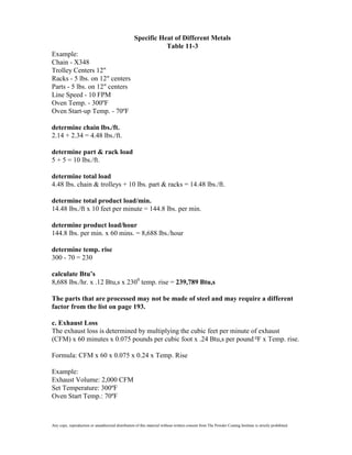 Specific Heat of Different Metals
                                                               Table 11-3
Example:
Chain - X348
Trolley Centers 12"
Racks - 5 lbs. on 12" centers
Parts - 5 lbs. on 12" centers
Line Speed - 10 FPM
Oven Temp. - 300ºF
Oven Start-up Temp. - 70ºF

determine chain lbs./ft.
2.14 + 2.34 = 4.48 lbs./ft.

determine part & rack load
5 + 5 = 10 lbs./ft.

determine total load
4.48 lbs. chain & trolleys + 10 lbs. part & racks = 14.48 lbs./ft.

determine total product load/min.
14.48 lbs./ft x 10 feet per minute = 144.8 lbs. per min.

determine product load/hour
144.8 lbs. per min. x 60 mins. = 8,688 lbs./hour

determine temp. rise
300 - 70 = 230

calculate Btu’s
8,688 lbs./hr. x .12 Btu,s x 2300 temp. rise = 239,789 Btu,s

The parts that are processed may not be made of steel and may require a different
factor from the list on page 193.

c. Exhaust Loss
The exhaust loss is determined by multiplying the cubic feet per minute of exhaust
(CFM) x 60 minutes x 0.075 pounds per cubic foot x .24 Btu,s per pound 0F x Temp. rise.

Formula: CFM x 60 x 0.075 x 0.24 x Temp. Rise

Example:
Exhaust Volume: 2,000 CFM
Set Temperature: 300ºF
Oven Start Temp.: 70ºF



Any copy, reproduction or unauthorized distribution of this material without written consent from The Powder Coating Institute is strictly prohibited.
 