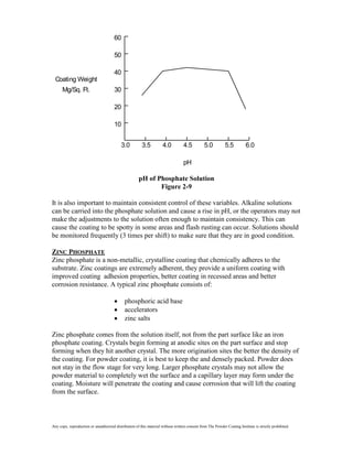 60

                                       50

                                       40
  Coating Weight
      Mg/Sq. Ft.                       30

                                       20

                                       10


                                           3.0          3.5           4.0          4.5          5.0          5.5          6.0

                                                                                   pH

                                                      pH of Phosphate Solution
                                                             Figure 2-9

It is also important to maintain consistent control of these variables. Alkaline solutions
can be carried into the phosphate solution and cause a rise in pH, or the operators may not
make the adjustments to the solution often enough to maintain consistency. This can
cause the coating to be spotty in some areas and flash rusting can occur. Solutions should
be monitored frequently (3 times per shift) to make sure that they are in good condition.

ZINC PHOSPHATE
Zinc phosphate is a non-metallic, crystalline coating that chemically adheres to the
substrate. Zinc coatings are extremely adherent, they provide a uniform coating with
improved coating adhesion properties, better coating in recessed areas and better
corrosion resistance. A typical zinc phosphate consists of:

                                             phosphoric acid base
                                             accelerators
                                             zinc salts

Zinc phosphate comes from the solution itself, not from the part surface like an iron
phosphate coating. Crystals begin forming at anodic sites on the part surface and stop
forming when they hit another crystal. The more origination sites the better the density of
the coating. For powder coating, it is best to keep the and densely packed. Powder does
not stay in the flow stage for very long. Larger phosphate crystals may not allow the
powder material to completely wet the surface and a capillary layer may form under the
coating. Moisture will penetrate the coating and cause corrosion that will lift the coating
from the surface.



Any copy, reproduction or unauthorized distribution of this material without written consent from The Powder Coating Institute is strictly prohibited.
 