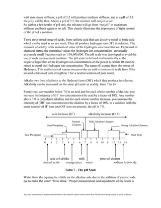 with maximum stiffness; a pH of 3.2 will produce medium stiffness, and at a pH of 3.3
the jelly will be thin. Above a pH of 3.5, the mixture will not jell at all!
So within a few tenths of pH unit, the mixture will go from “no jell” to maximum
stiffness and back again to no jell. This clearly illustrates the importance of tight control
of the pH of a solution.

There are a broad range of acids, from sulfuric acid that can dissolve metal to boric acid
which can be used as an eye wash. They all produce hydrogen ions (H+) in solution. The
measure of acidity is the numerical value of the Hydrogen ion concentration. Expressed in
chemical terms, the numerical values for Hydrogen ion concentrations are usually
extremely small fractions such as 1/10,000,000. The pH scale was developed to avoid the
use of such inconvenient numbers. The pH scale is defined mathematically as the
negative logarithm of the Hydrogen ion concentration or the power to which 10 must be
raised to equal the Hydrogen ion concentration. The name pH comes from the power of
Hydrogen. This mathematical transaction provides us with a convenient scale from 0 for
an acid solution of unit strength to 7 for a neutral solution of pure water.

Alkalis owe their alkalinity to the Hydroxyl ions (OH-) which they produce in solution.
Alkalinity can be measured on the same pH scale as acidity, from 7 to 14.

Simply put, any number below 7.0 is an acid and for each whole number of decline, you
increase the intensity of (H+ ion concentration) the acid by a factor of 10X. Any number
above 7.0 is considered alkaline and for each whole number increase, you increase the
intensity of (OH- ion concentration) the alkaline by a factor of 10X. In a solution with the
same number of H+ ions and OH- ions are present, the pH is 7.0.

                                         acid increase (H+)                              alkalinity increase (OH-)

                                                                   Neutral                Mild Alkaline Cleaners
                                Iron Phosphate                     Cleaners                                                             Strong Alkaline Cleaners


 Zinc Phosphate                                                                                                                                     Paint Strip

                            O        1      2        3       4      5       6       7       8       9      10      11     12       13      14




                               cola soft drinks        milk                                               pine sol cleaner
                          mineral acids      orange juice water                                                      sodium hydroxide

                                                         Table 7 - The pH Scale

Water from the tap may be a little on the alkaline side due to the addition of caustic soda
lye to make the water “fit to drink.” Proper measurement and adjustment of the water is



Any copy, reproduction or unauthorized distribution of this material without written consent from The Powder Coating Institute is strictly prohibited.
 