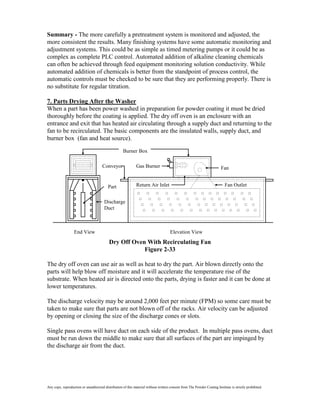 Summary - The more carefully a pretreatment system is monitored and adjusted, the
more consistent the results. Many finishing systems have some automatic monitoring and
adjustment systems. This could be as simple as timed metering pumps or it could be as
complex as complete PLC control. Automated addition of alkaline cleaning chemicals
can often be achieved through feed equipment monitoring solution conductivity. While
automated addition of chemicals is better from the standpoint of process control, the
automatic controls must be checked to be sure that they are performing properly. There is
no substitute for regular titration.

7. Parts Drying After the Washer
When a part has been power washed in preparation for powder coating it must be dried
thoroughly before the coating is applied. The dry off oven is an enclosure with an
entrance and exit that has heated air circulating through a supply duct and returning to the
fan to be recirculated. The basic components are the insulated walls, supply duct, and
burner box (fan and heat source).
                                                    Burner Box

                                      Conveyor                Gas Burner                                                 Fan


                                          Part                Return Air Inlet                                             Fan Outlet


                                       Discharge
                                       Duct



                  End View                                                           Elevation View
                                           Dry Off Oven With Recirculating Fan
                                                       Figure 2-33

The dry off oven can use air as well as heat to dry the part. Air blown directly onto the
parts will help blow off moisture and it will accelerate the temperature rise of the
substrate. When heated air is directed onto the parts, drying is faster and it can be done at
lower temperatures.

The discharge velocity may be around 2,000 feet per minute (FPM) so some care must be
taken to make sure that parts are not blown off of the racks. Air velocity can be adjusted
by opening or closing the size of the discharge cones or slots.

Single pass ovens will have duct on each side of the product. In multiple pass ovens, duct
must be run down the middle to make sure that all surfaces of the part are impinged by
the discharge air from the duct.




Any copy, reproduction or unauthorized distribution of this material without written consent from The Powder Coating Institute is strictly prohibited.
 