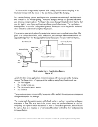 The electrostatic charge can be imparted with voltage, called corona charging, or by
frictional contact with the inside of the gun barrel, called tribo charging.

In a corona charging system, a voltage source generates current through a voltage cable
that carries it to the powder gun tip. Powder is pumped through the gun and out of the
gun tip using compressed air. As the powder passes through the electrostatic field at the4
gun tip, it picks up a charge and is attracted to a grounded substrate. The part is then
conveyed into an oven for curing of the powder. In the cure oven, the powder melts and
cross-links to a hard film to complete the process.

Electrostatic spray application of powder is the most common application method. The
parts to be coated are cleaned, dried, and cooled, the coating is applied and cured at the
required temperature for the required time and then cooled for removal from the line.

                 Powder Booth                                                                            Recovery System


                                     Spray Gun
          Voltage Cable

    Control
    Panel
                                                             Grounded Workpiece

       Air
     Lines                        Feed Hopper




                                         Electrostatic Spray Application Process
                                                        Figure 3-2

An electrostatic spray application system includes a delivery system and a charging
system. The basic pieces of equipment that make up a single application unit are:
    The feed hopper
    The powder spray gun
    The electrostatic power source
    The controls

These components are connected by hoses and cables and all the necessary regulators and
fittings to complete the package.

The powder path through the system will abrade surfaces and may impact fuse and cause
restriction to flow. The wear parts in the venturi pump and gun barrel should be checked
frequently and replaced when the amount of wear is causes flow problems. Hoses should
be kept as short as is practical to avoid loops of hose that will restrict flow and contribute
to impact fusion.



Any copy, reproduction or unauthorized distribution of this material without written consent from The Powder Coating Institute is strictly prohibited.
 