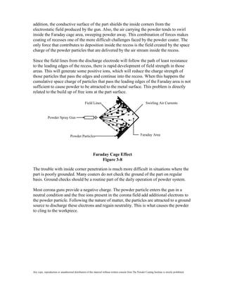 addition, the conductive surface of the part shields the inside corners from the
electrostatic field produced by the gun. Also, the air carrying the powder tends to swirl
inside the Faraday cage area, sweeping powder away. This combination of forces makes
coating of recesses one of the more difficult challenges faced by the powder coater. The
only force that contributes to deposition inside the recess is the field created by the space
charge of the powder particles that are delivered by the air stream inside the recess.

Since the field lines from the discharge electrode will follow the path of least resistance
to the leading edges of the recess, there is rapid development of field strength in those
areas. This will generate some positive ions, which will reduce the charge strength of
those particles that pass the edges and continue into the recess. When this happens the
cumulative space charge of particles that pass the leading edges of the Faraday area is not
sufficient to cause powder to be attracted to the metal surface. This problem is directly
related to the build up of free ions at the part surface.

                                                   Field Lines                                                 Swirling Air Currents


              Powder Spray Gun




                                    Powder Particles                                                      Faraday Area




                                                           Faraday Cage Effect
                                                               Figure 3-8

The trouble with inside corner penetration is much more difficult in situations where the
part is poorly grounded. Many coaters do not check the ground of the part on regular
basis. Ground checks should be a routine part of the daily operation of powder system.

Most corona guns provide a negative charge. The powder particle enters the gun in a
neutral condition and the free ions present in the corona field add additional electrons to
the powder particle. Following the nature of matter, the particles are attracted to a ground
source to discharge these electrons and regain neutrality. This is what causes the powder
to cling to the workpiece.




Any copy, reproduction or unauthorized distribution of this material without written consent from The Powder Coating Institute is strictly prohibited.
 