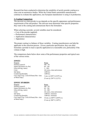 Research has been conducted to determine the suitability of acrylic powder coating as a
clear coat on automotive bodies. While the United States automobile manufacturers
continue to evaluate this application, one European manufacturer is using it in production.

3. Coating Comparison
The decision on what powder to use depends on the specific appearance and performance
requirements of the end product. The end user must determine what specific properties
they want in the coating and communicate that to the formulator.

When selecting a powder, several variables must be considered.
-- Cost of the powder (applied)
-- Performance characteristics
-- Application characteristics
-- Appearance

The proper coating is a balance of these variables. Coating manufacturers can help the
applicator in the selection process. Given a particular specification, they can often
formulate a powder to meet a specific application at a reasonable cost, particularly if the
volume is high.

The comparison charts below show some of the performance properties and typical uses
of the various resins.

EPOXY
Property                                                              Range
Hardness (pencil)                                                     HB - 7H
Impact Resistance (in.-lbs)                                           60 - 160
Gloss (60 deg. meter)                                                 3 - 100+
Color                                                                 All colors, clear and textures
Salt Spray                                                            1,000 hrs.
Condensing Humidity                                                   1,000 hrs.
Cure range (Typ. 2 mil (0.05mm) film - time                           3 min. @ 450o F (232oC) to
at Metal temp.)
                                                                      25 min @ 250o F (121oC)

EPOXY HYBRIDS
Property                                                              Range
Hardness (pencil)                                                     HB - 2H
Impact Resistance (in.-lbs)                                           60 - 160
Gloss (60 deg. meter)                                                 10 - 100+
Color                                                                 All colors, clear and textures
Salt Spray                                                            1,000 hrs. minimum
Condensing Humidity                                                   1,000 hrs. minimum
Cure range (Typ. 2 mil (0.05mm) film - time                           10 min. @ 400o F (204oC) to
at Metal temp.)
                                                                      25 min @ 300o F (149oC)




Any copy, reproduction or unauthorized distribution of this material without written consent from The Powder Coating Institute is strictly prohibited.
 