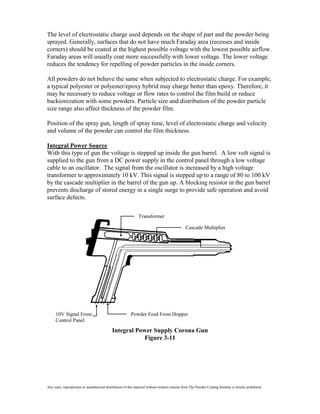The level of electrostatic charge used depends on the shape of part and the powder being
sprayed. Generally, surfaces that do not have much Faraday area (recesses and inside
corners) should be coated at the highest possible voltage with the lowest possible airflow.
Faraday areas will usually coat more successfully with lower voltage. The lower voltage
reduces the tendency for repelling of powder particles in the inside corners.

All powders do not behave the same when subjected to electrostatic charge. For example,
a typical polyester or polyester/epoxy hybrid may charge better than epoxy. Therefore, it
may be necessary to reduce voltage or flow rates to control the film build or reduce
backionization with some powders. Particle size and distribution of the powder particle
size range also affect thickness of the powder film.

Position of the spray gun, length of spray time, level of electrostatic charge and velocity
and volume of the powder can control the film thickness.

Integral Power Source
With this type of gun the voltage is stepped up inside the gun barrel. A low volt signal is
supplied to the gun from a DC power supply in the control panel through a low voltage
cable to an oscillator. The signal from the oscillator is increased by a high voltage
transformer to approximately 10 kV. This signal is stepped up to a range of 80 to 100 kV
by the cascade multiplier in the barrel of the gun up. A blocking resistor in the gun barrel
prevents discharge of stored energy in a single surge to provide safe operation and avoid
surface defects.

                                                               Transformer

                                                                                                Cascade Multiplier




     10V Signal From                                      Powder Feed From Hopper
     Control Panel
                                             Integral Power Supply Corona Gun
                                                         Figure 3-11




Any copy, reproduction or unauthorized distribution of this material without written consent from The Powder Coating Institute is strictly prohibited.
 