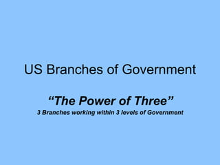 US Branches of Government
“The Power of Three”
3 Branches working within 3 levels of Government

 