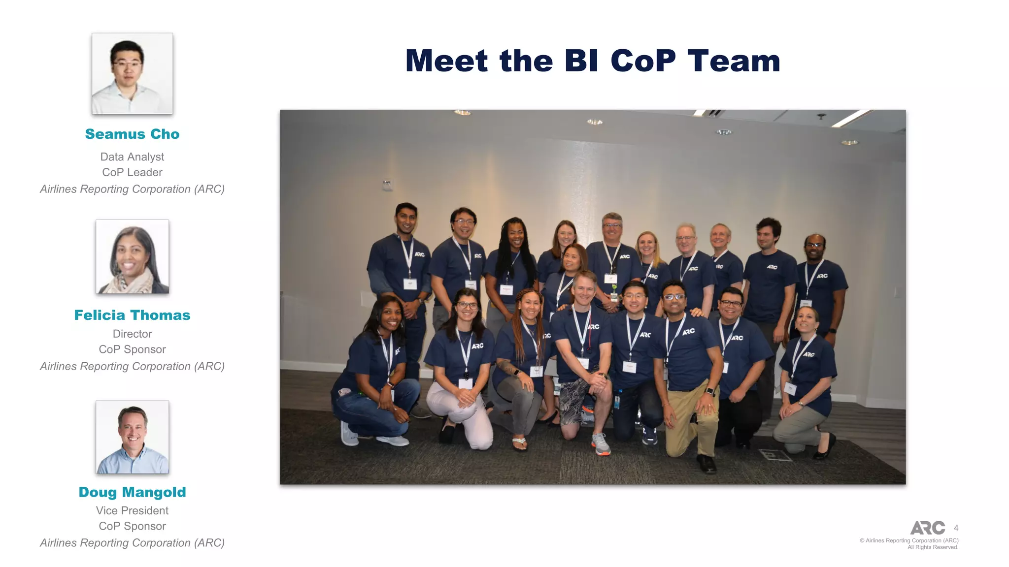 © Airlines Reporting Corporation (ARC)
All Rights Reserved.
4
Meet the BI CoP Team
Felicia Thomas
Director
CoP Sponsor
Airlines Reporting Corporation (ARC)
Seamus Cho
Data Analyst
CoP Leader
Airlines Reporting Corporation (ARC)
Doug Mangold
Vice President
CoP Sponsor
Airlines Reporting Corporation (ARC)
 