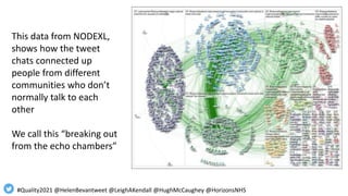 This data from NODEXL,
shows how the tweet
chats connected up
people from different
communities who don’t
normally talk to...