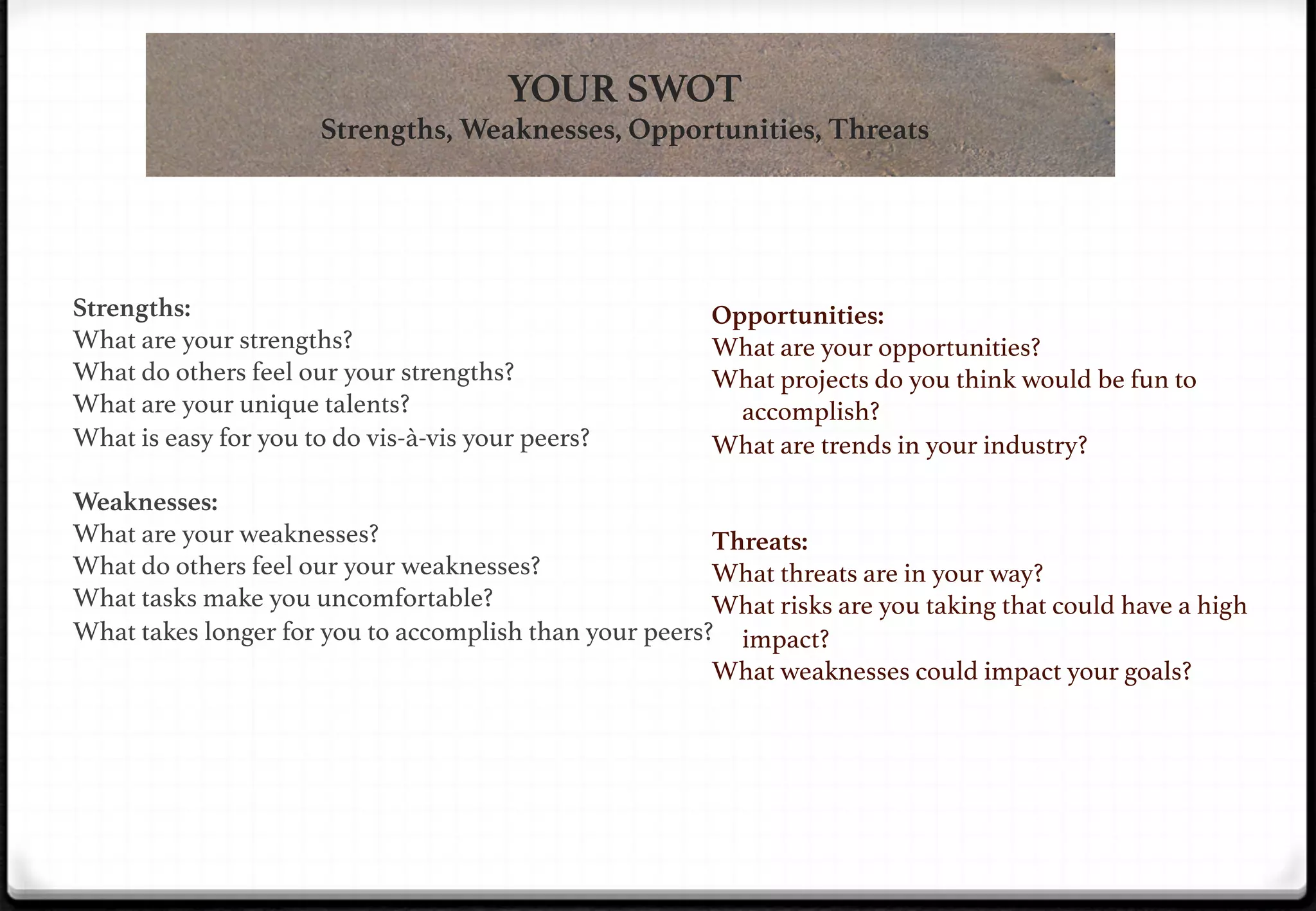 YOUR SWOT"

Strengths, Weaknesses, Opportunities, Threats

!
!

Strengths: 
What are your strengths?!
What do others feel our your strengths?!
What are your unique talents?!
What is easy for you to do vis-à-vis your peers?!
!

Opportunities: 
What are your opportunities?!
What projects do you think would be fun to
accomplish?!
What are trends in your industry?!
!

Weaknesses:

What are your weaknesses?!
Threats:
What do others feel our your weaknesses?!
What threats are in your way?!
What tasks make you uncomfortable?!
What risks are you taking that could have a high
What takes longer for you to accomplish than your peers?! impact?!
!
What weaknesses could impact your goals?!
!
!

!

 