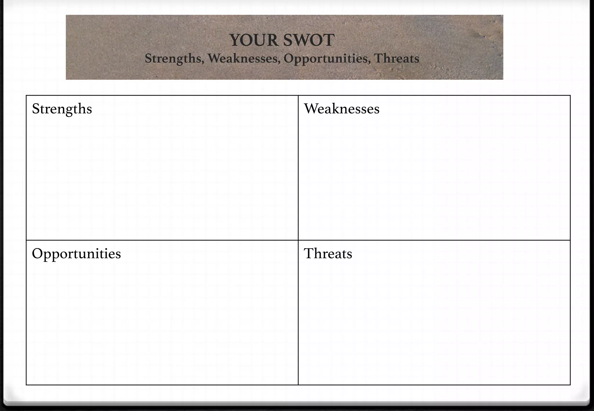 YOUR SWOT"

Strengths, Weaknesses, Opportunities, Threats

Strengths!

Weaknesses!

Opportunities!

Threats!

 