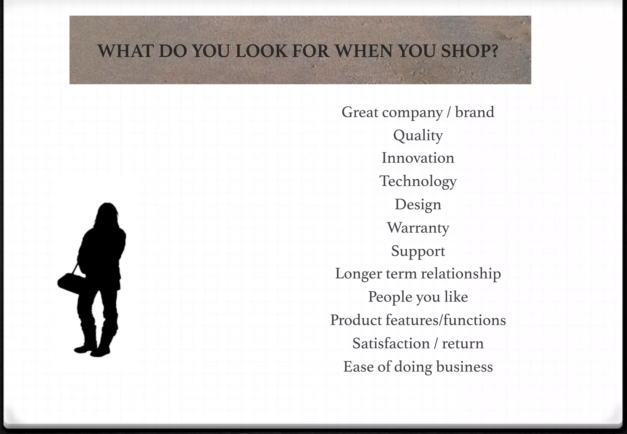 WHAT DO YOU LOOK FOR WHEN YOU SHOP?

!

Great company / brand!
Quality!
Innovation!
Technology!
Design!
Warranty!
Support!
Longer term relationship!
People you like!
Product features/functions!
Satisfaction / return!
Ease of doing business!

 