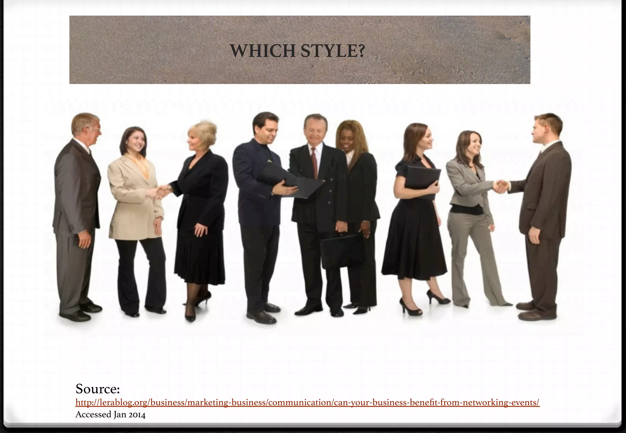 WHICH STYLE?

Source:
http://lerablog.org/business/marketing-business/communication/can-your-business-beneﬁt-from-networking-events/
Accessed Jan 2014 !

 