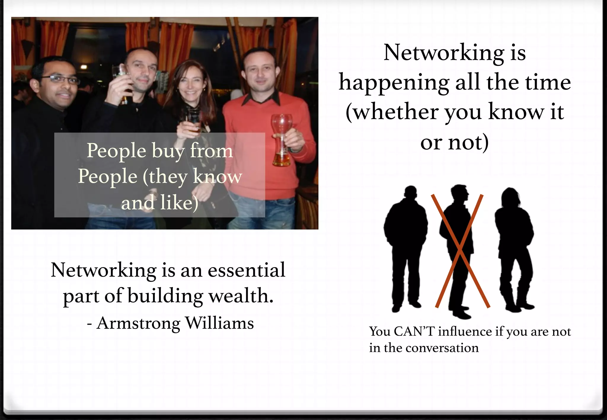 People buy from
People (they know
and like)!
Networking is an essential
part of building wealth.!
- Armstrong Williams !

Networking is
happening all the time
(whether you know it
or not)!

You CAN’T inﬂuence if you are not
in the conversation!

 