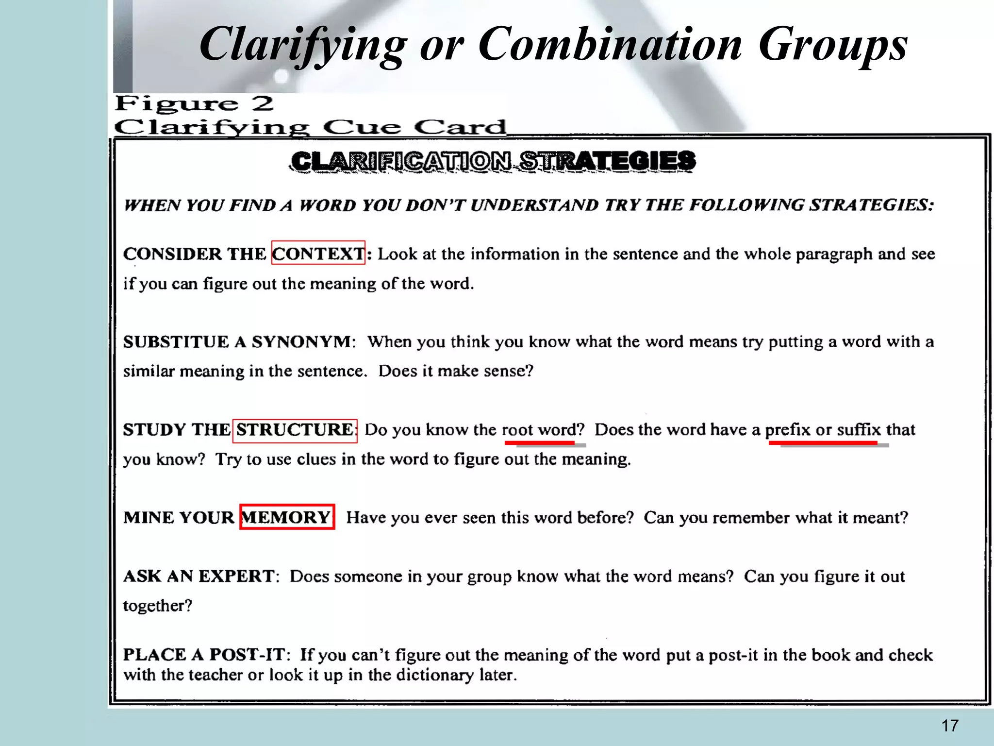Clarifying or Combination Groups 