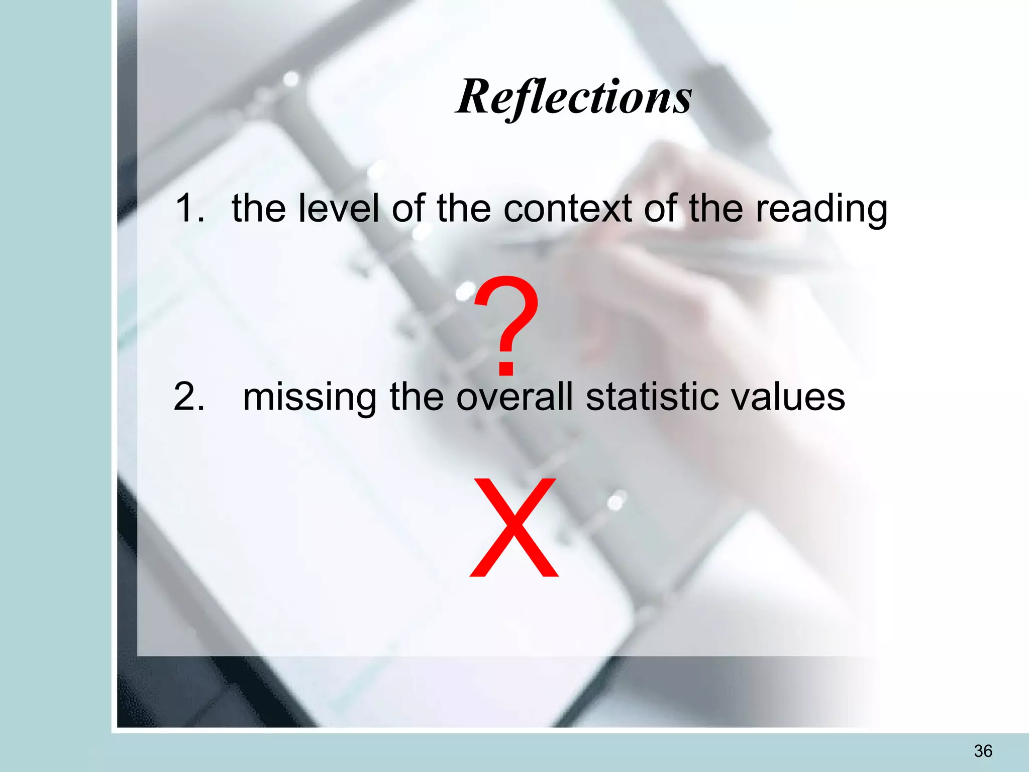 Reflections the level of the context of the reading missing the overall statistic values ? X 