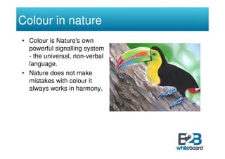 Colour in nature
• Colour is Nature's own
  powerful signalling system
  - the universal, non-verbal
  language.
• Nature ...