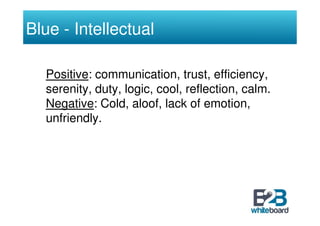 Blue - Intellectual

  Positive: communication, trust, efficiency,
  serenity, duty, logic, cool, reflection, calm.
  Nega...