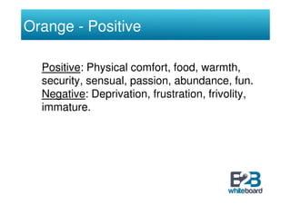 Orange - Positive

  Positive: Physical comfort, food, warmth,
  security, sensual, passion, abundance, fun.
  Negative: D...