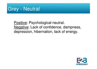 Grey - Neutral

  Positive: Psychological neutral.
  Negative: Lack of confidence, dampness,
  depression, hibernation, la...