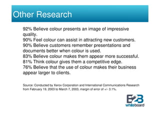 Other Research
  92% Believe colour presents an image of impressive
  quality.
  90% Feel colour can assist in attracting ...