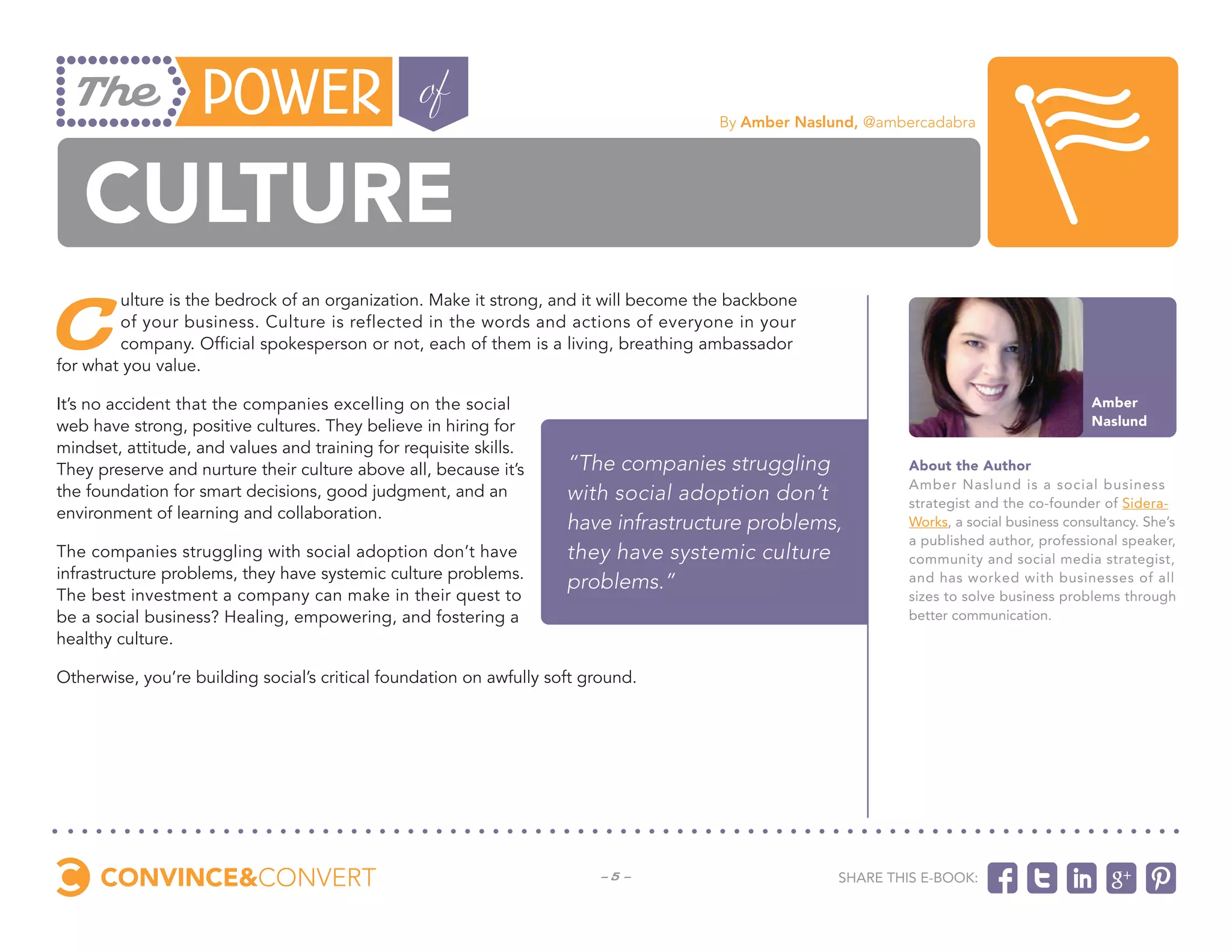 By Amber Naslund, @ambercadabra




   Culture
C
        ulture is the bedrock of an organization. Make it strong, and it will become the backbone
        of your business. Culture is reflected in the words and actions of everyone in your
        company. Official spokesperson or not, each of them is a living, breathing ambassador
for what you value.

It’s no accident that the companies excelling on the social                                                                               Amber
web have strong, positive cultures. They believe in hiring for                                                                            Naslund
mindset, attitude, and values and training for requisite skills.
They preserve and nurture their culture above all, because it’s      “The companies struggling               About the Author
                                                                                                             Amber Naslund is a social business
the foundation for smart decisions, good judgment, and an            with social adoption don’t              strategist and the co-founder of Sidera-
environment of learning and collaboration.
                                                                     have infrastructure problems,           Works, a social business consultancy. She’s
                                                                                                             a published author, professional speaker,
The companies struggling with social adoption don’t have             they have systemic culture              community and social media strategist,
infrastructure problems, they have systemic culture problems.
                                                                     problems.”                              and has worked with businesses of all
The best investment a company can make in their quest to                                                     sizes to solve business problems through
be a social business? Healing, empowering, and fostering a                                                   better communication.
healthy culture.

Otherwise, you’re building social’s critical foundation on awfully soft ground.




                                                                         -5-                        Share this e-book:
 