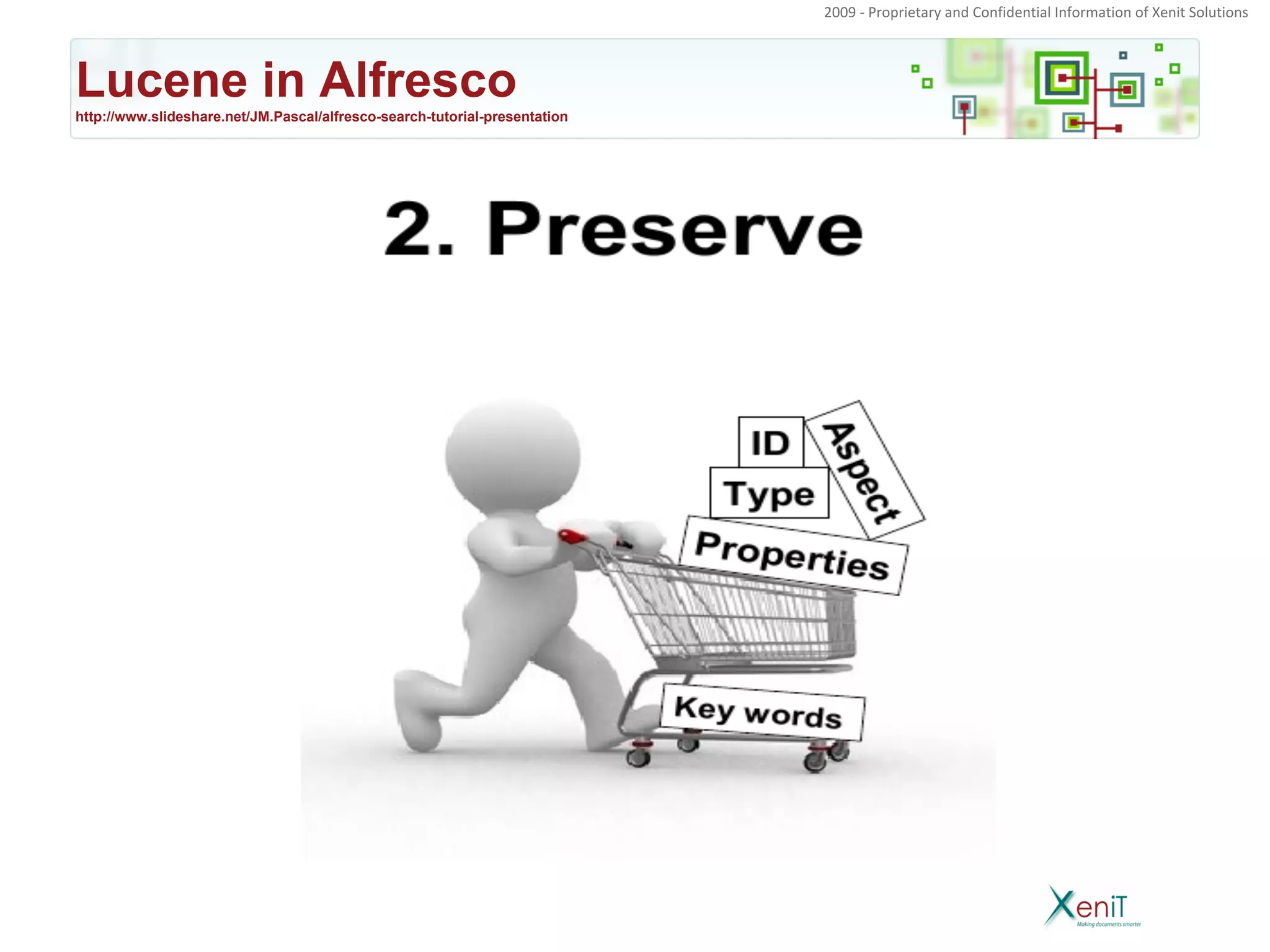 2009 - Proprietary and Confidential Information of Xenit Solutions




Lucene in Alfresco
http://www.slideshare.net/JM.Pascal/alfresco-search-tutorial-presentation
 