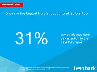 say employees don’t
pay attention to the
data they have.31%
Silos are the biggest hurdle, but cultural factors, too
Source: The power of fast data: An Economist Intelligence Unit research programme.
Survey of 400 senior executives, sponsored by SAP
 