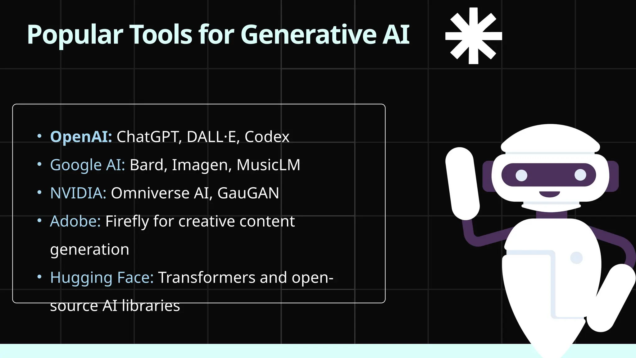 • OpenAI: ChatGPT, DALL·E, Codex
• Google AI: Bard, Imagen, MusicLM
• NVIDIA: Omniverse AI, GauGAN
• Adobe: Firefly for creative content
generation
• Hugging Face: Transformers and open-
source AI libraries
Popular Tools for Generative AI
 