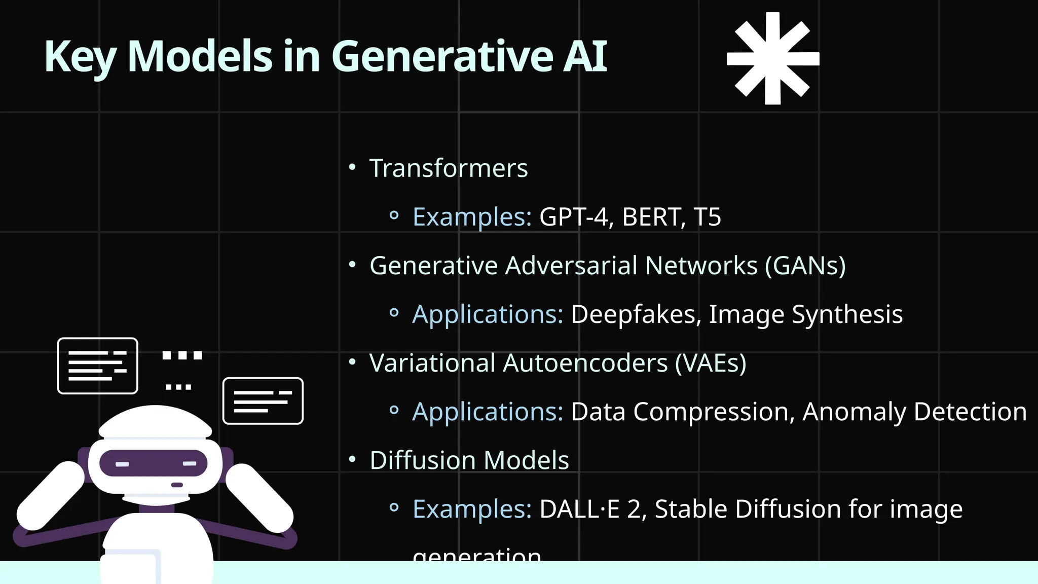 • Transformers
⚬ Examples: GPT-4, BERT, T5
• Generative Adversarial Networks (GANs)
⚬ Applications: Deepfakes, Image Synthesis
• Variational Autoencoders (VAEs)
⚬ Applications: Data Compression, Anomaly Detection
• Diffusion Models
⚬ Examples: DALL·E 2, Stable Diffusion for image
generation
Key Models in Generative AI
 