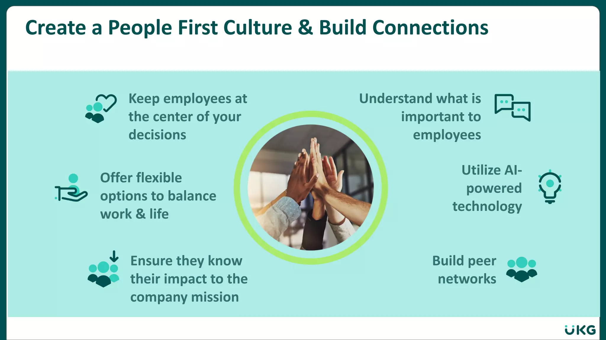 Create a People First Culture & Build Connections
Keep employees at
the center of your
decisions
Offer flexible
options to balance
work & life
Ensure they know
their impact to the
company mission
Understand what is
important to
employees
Utilize AI-
powered
technology
Build peer
networks
 