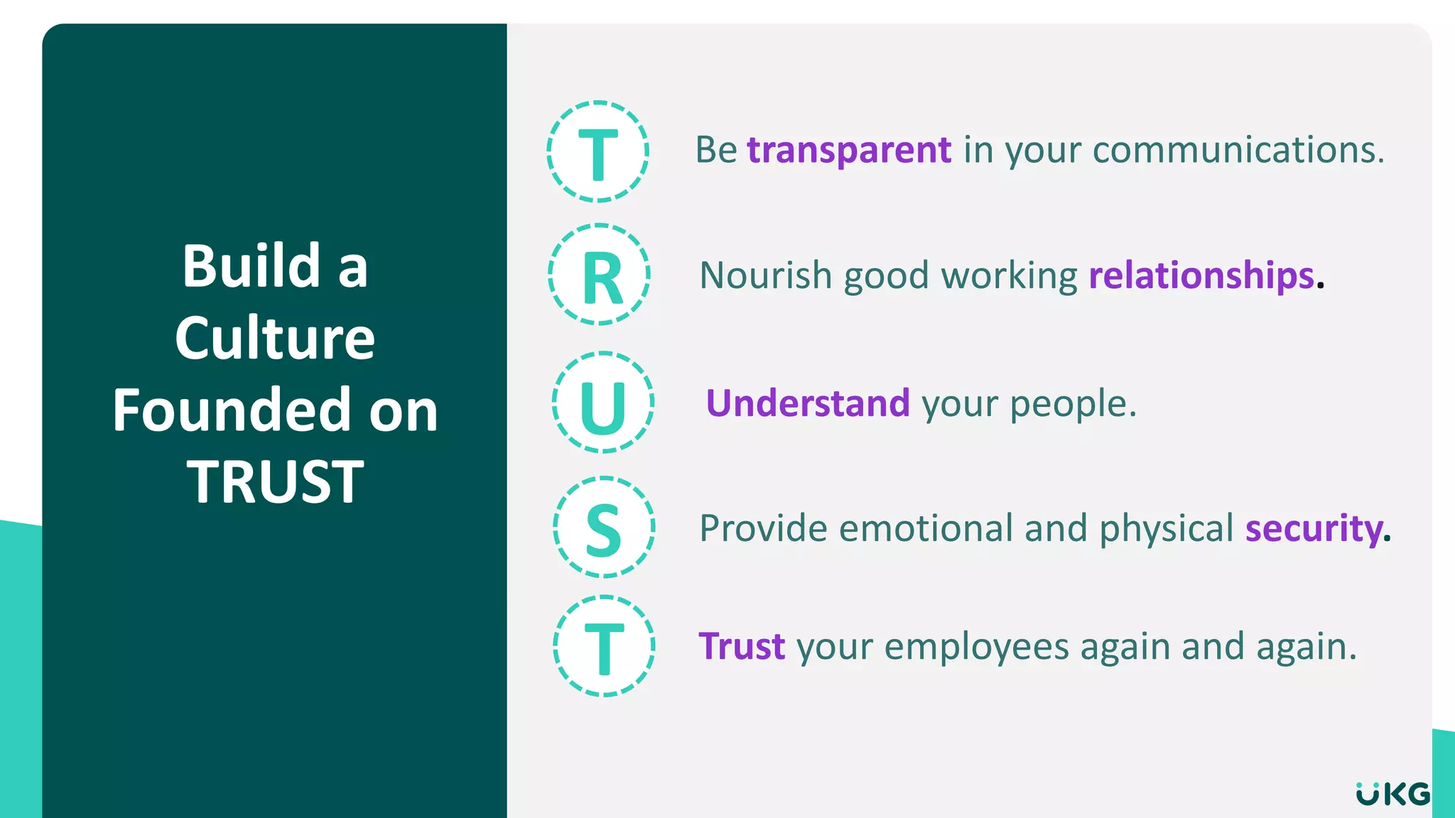 Build a
Culture
Founded on
TRUST
Be transparent in your communications.
Understand your people.
Provide emotional and physical security.
Trust your employees again and again.
T
R
U
S
T
Nourish good working relationships.
 