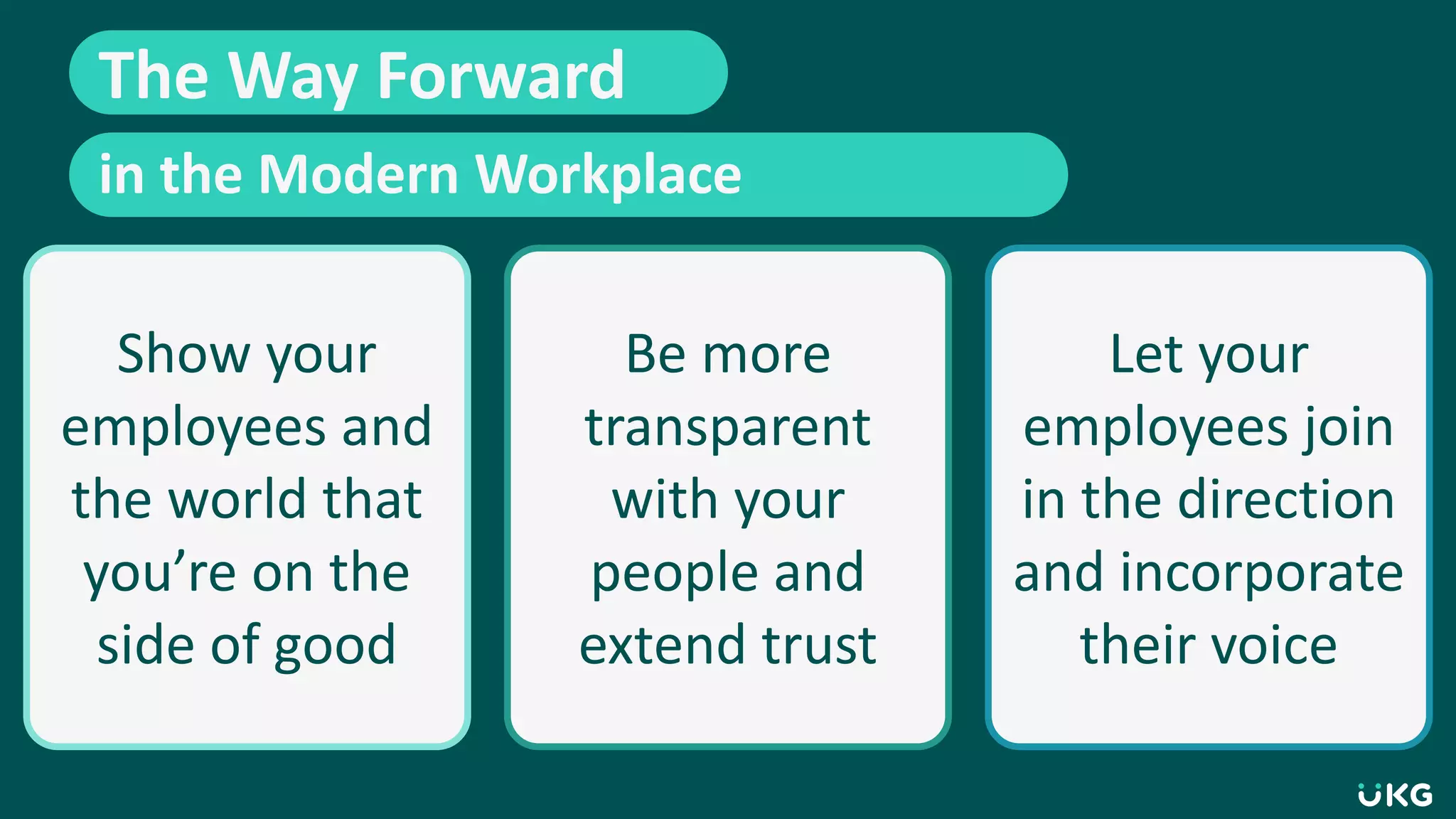 The Way Forward
Show your
employees and
the world that
you’re on the
side of good
Be more
transparent
with your
people and
extend trust
Let your
employees join
in the direction
and incorporate
their voice
in the Modern Workplace
 