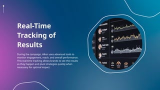 Real-Time
Tracking of
Results
During the campaign, Alkor uses advanced tools to
monitor engagement, reach, and overall performance.
This real-time tracking allows brands to see the results
as they happen and pivot strategies quickly when
necessary for optimal impact.
 